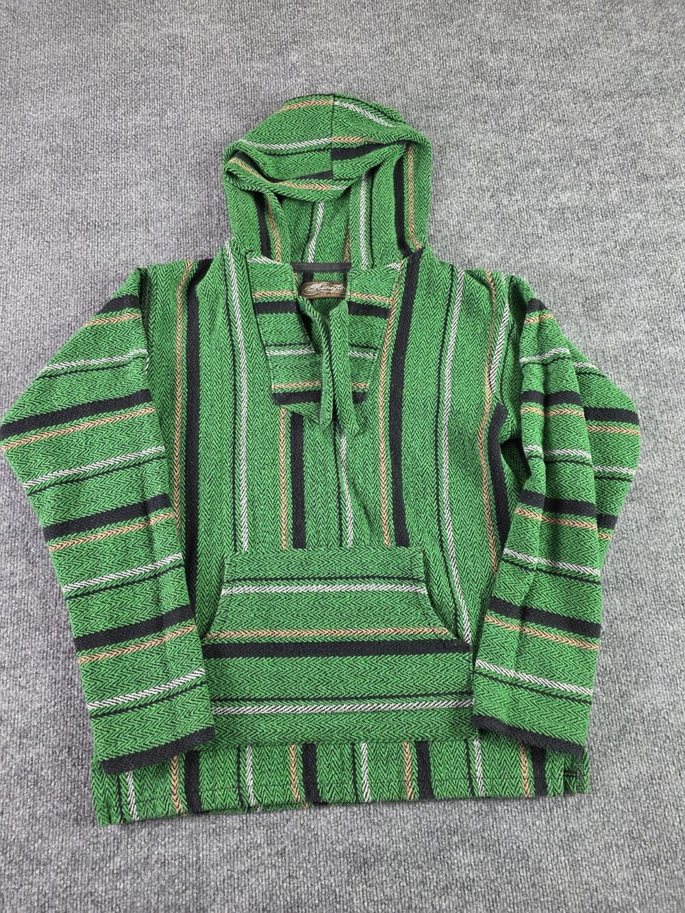 Mexican Baja Woven Hoodie Mens Medium Pullover Striped Pocket Retrofit Green Rug